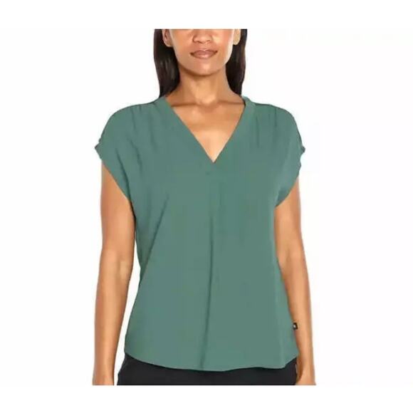 Banana Republic Solid Green Cap Sleeve V-Neck Crepe Popover Blouse Size Small - Picture 1 of 9